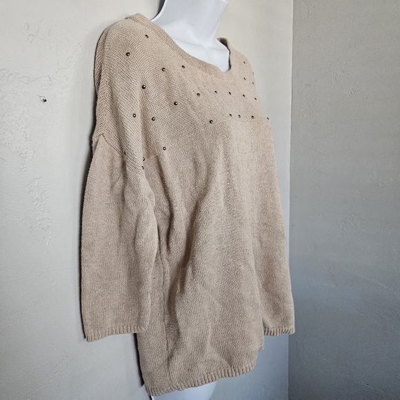 Route 66 Women's Small Beige Quarter Sleeve Sweater Gold Studded Boho Fall Shirt - Picture 4 of 7